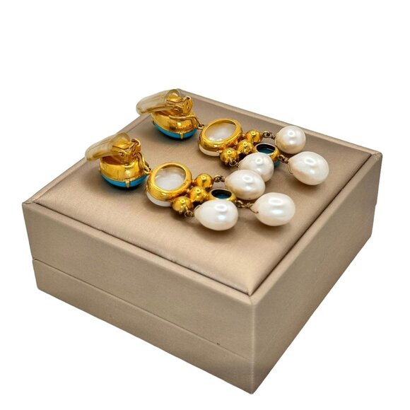 Bounkit Chandelier Earrings 14K Gold Plated Turquoise Pearls Clip-On 2-Ways - Picture 6 of 9